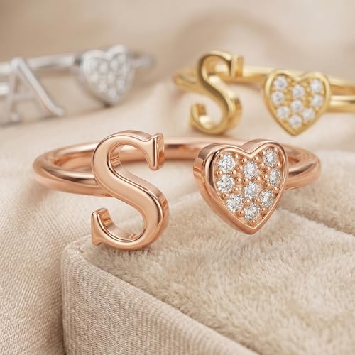 Image of Initial Rings for Teen Girls - S925 Heart Sterling Silver Rings for Teen Girls | 14K Gold /Rose Gold /Sterling Silver Plated Ring for Girls Kids Women Ring for Teenager Girls Gifts Adjustable, No Tarnish, Hypoallergenic
