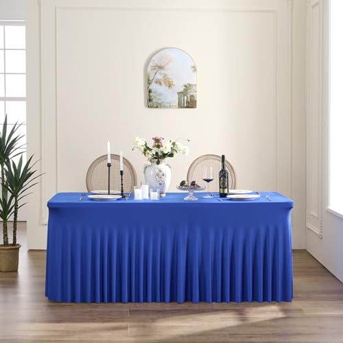 Image of Outpain 6ft Spandex Table Cloth for Standard Folding Tables-6Pack Royal Blue Table Cloth Table Protector for Party, Wedding, Cocktail, Banquet, Festival