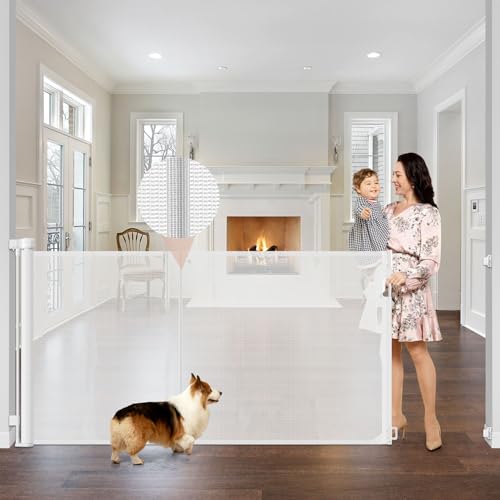 Image of Reinforced 42" Extra Tall x 75" Wide Retractable Gate with Support Rods - Prevent Crawling Under Extra Tall Baby Gate Retractable Dog Gate Indoor Long Dog Gate Outdoor Retractable Pet Gate, White