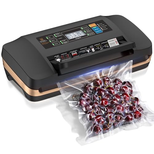 95kpa Vacuum Sealer Machine,Commercial Full Automatic Food Sealer,Powerful Sealing System with Double Heat Seal,Bags Storage,Easy-Lock Handle,Build-in Cutter,1 Bag Rolls and 10 pcs Pre-cut Bags(Black)