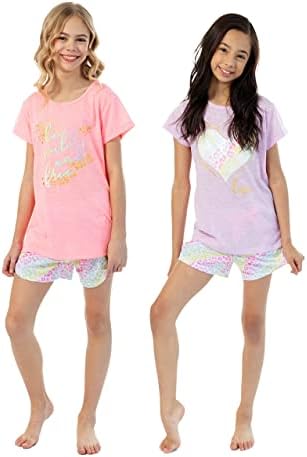 Sleep On It Girls Pajamas Short Sets 4 Piece Tank Top and Short Sleeve Summer Sleepwear for Kids (2 Full Sets) (10-12, Pink-Purp)