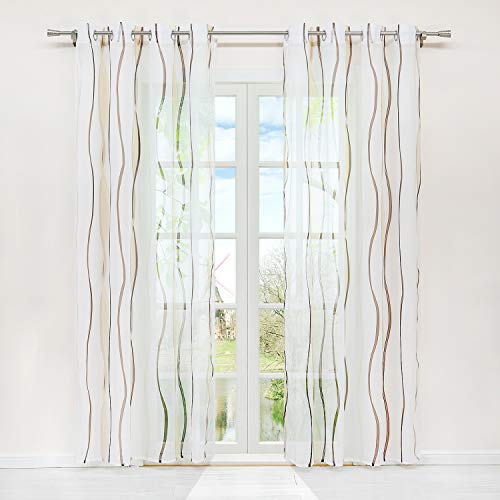 HongYa 1 Pièce Rideau Voilage Transparent avec Motif de Vagues à Oeillets en Polyester Décoration pour Chambre Salon Balcon Crème Marron H/L 245/140 cm