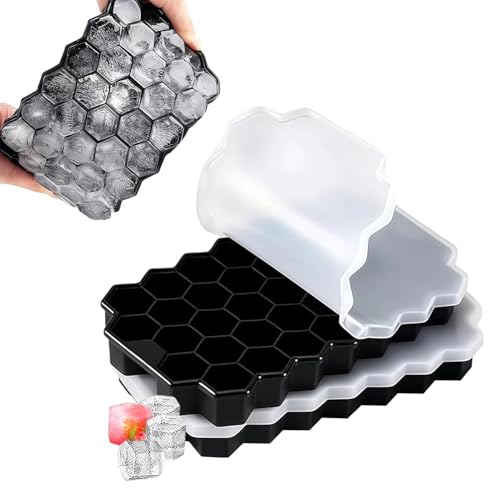 Image of BIDFUL [2 Pack] Silicone Ice Cube Trays for Freezer with Lid - 37 Grid Black Ice Cube Mold, Easy-Release Flexible Ice Trays, Reusable Stackable Ice Tray for Iced Coffee, Juice & Drinks