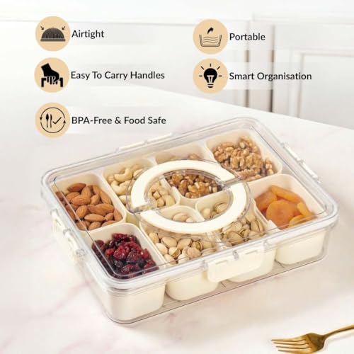 Image of Nestasia Divided Fridge Organiser Storage Box with Lid and Handle - Airtight Fridge Storage Container with 8 Removable Compartments, BPA-Free Multipurpose Serving Veggie Tray