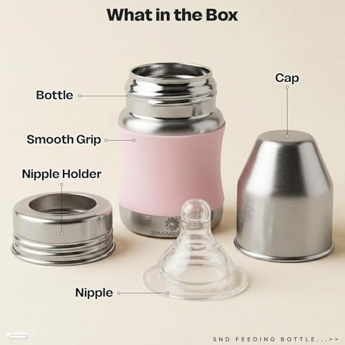 Image of StarAndDaisy 125ml Stainless Steel Baby Feeding Bottle for Newborns, Infants & Toddlers | SUS 304 Steel Milk Bottle | BPA-Free, Leakproof, Anti-Colic & Easy-to-Clean Feeding Bottle for 0+ Months (Pink)