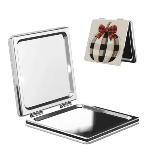 Farmhouse Pumpkin Checkered Pattern Travel Makeup Mirror Double-Sided Portable Compact Makeup Mirror Pocket Magnifying Pu Leather Travel Mirror for Daily Work Business Square