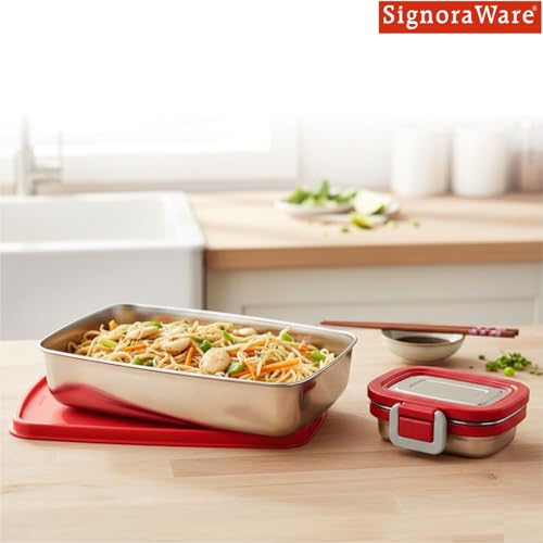 Image of SignoraWare Munch Mate Stainless Steel Lunch Box | Airtight & Leakproof | Durable & Compact | Easy to Carry | Ideal Tiffin for Office, School & Travel (850ml + 160ml | Red)