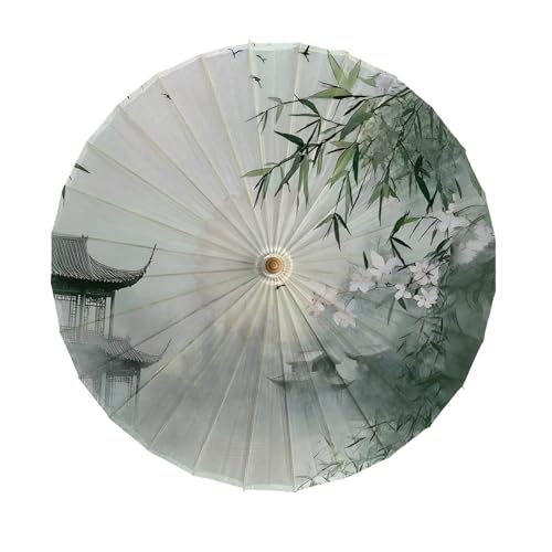 Odot Paper Parasol Umbrella, Chinese Bamboo Oil Paper Japanese Umbrella Wooden Handle Classical Peony Painting for Costumes Party Wedding Dancing Props Photography Festival (Green 1,Diameter 84cm)