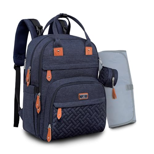 BabbleRoo Zaino per pannolini con fasciatoio per neonati, grande capacità, borsa per pannolini, multifunzione, impermeabile, da viaggio con custodia per ciuccio staccabile, unisex (blu marino)