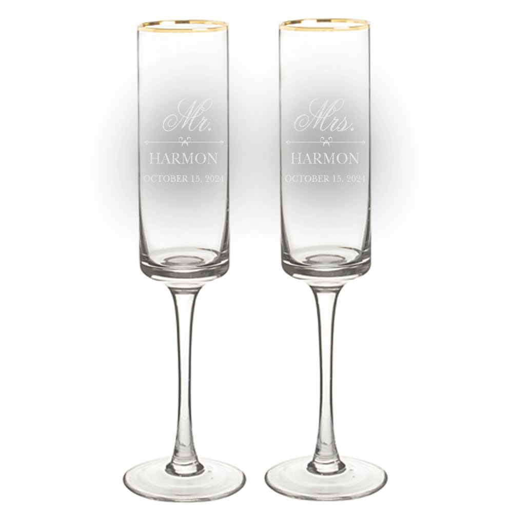 Personalized Gold Rim Champagne Flutes, Set of 2, 8oz. Wedding Champagne Flute, Wedding Gift for the Couple, Engraved Mr. and Mrs.