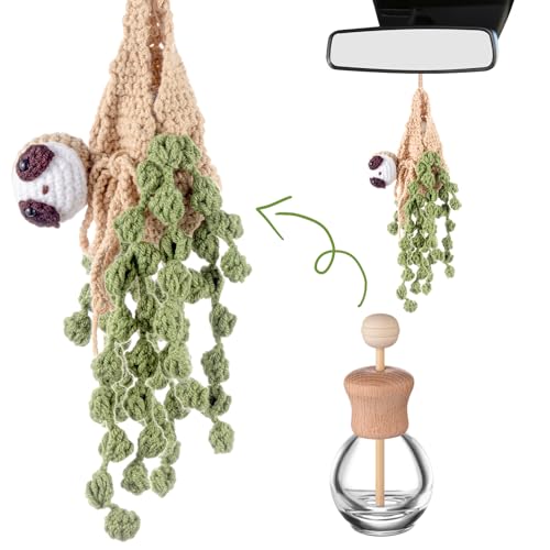 Image of DaisyInner Cute Crochet Plant Car Freshener 12ml Empty Refillable Diffuser Bottle with Plants Hanging Accessories for Ornaments Charms Rearview Mirror Home Office Decor Women Gifts(Sloth)