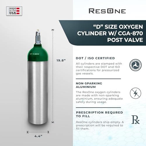 ResOne Portable Aluminum Medical Oxygen Cylinder, D Size, with CGA-870 Post Valve for Medical Use - Non-Sparking, Green Dome, Brushed Finish, 14.3 cf, Ships Empty, Prescription Required to Fill - Thumbnail 2