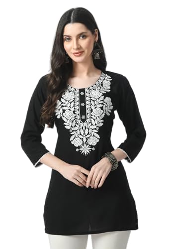 LIBOZA Rayon Kurti for Women - Short Chikankari Kurtis for Girls, Lakhnawi Tunic Top Kurta Design for Ladies, Woman Ethnic Kurthis Shirt with Sleeve (XL, Black)