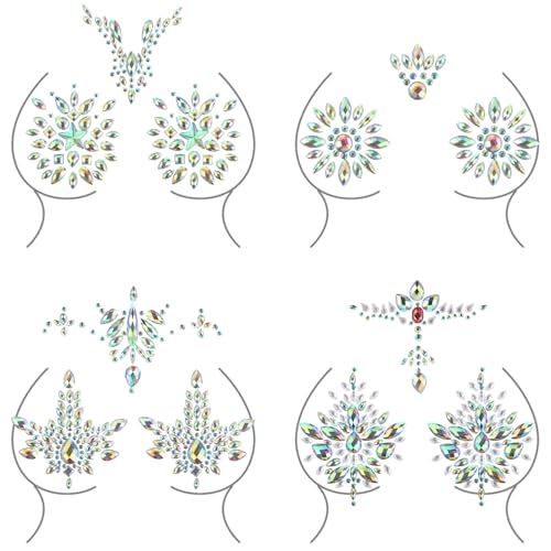 Image of 8 Pairs Rhinestone Pasties - Resin Rhinestone Pasties, Glitter Crystal Tattoo Jewels, Adhesive Breast Gem, Temporary Chest Sticker, Body Jewelry Sticker, Decoration Pasties for Parties