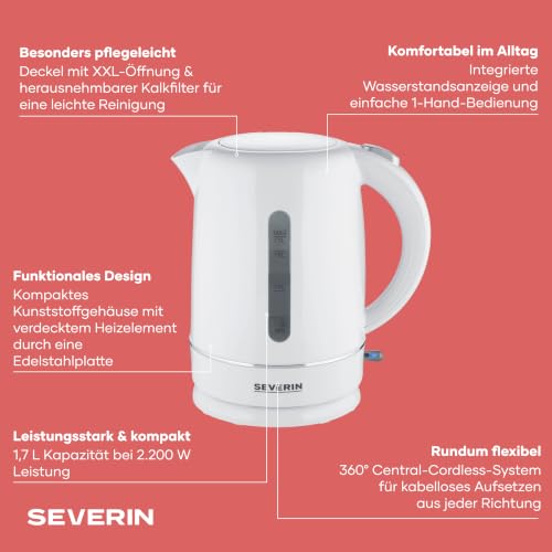 SEVERIN Wasserkocher, 1,7 L Kapazität, mit herausnehmbarem Kalkfilter, Wasserstandsanzeige, Ein-Aus-Taste & Kontrollleuchte, 2.200 W, weiß… – Ansicht 3