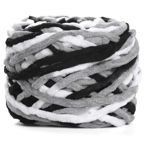 Image of Plush Chenille Chunky Yarn for Crocheting 100g(54.6yd) - Bulky Thick Fluffy Yarn for Knitting- Soft Velvet for Baby, Blanket Knitting Blanket Yarns- Amigurumi Yarns (1- Black White Grey)