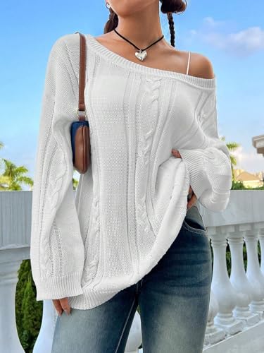 Image of SKAYS Oversized Fall Sweaters for Women, Oversized Cable Knit Sweater Off Shoulder, Solid Color Crew Neck Sweater