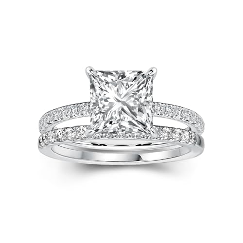2CT Princess Cut Wedding Ring Set for Women, 925 Sterling Silver Cubic Zirconia Bridal Ring Set for Travel,Daily