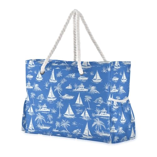 JUNZAN Blue Tropical Sailboats Beach Tote Bag with Handles Beach Totes Bags for Women with Waterproof Pockets