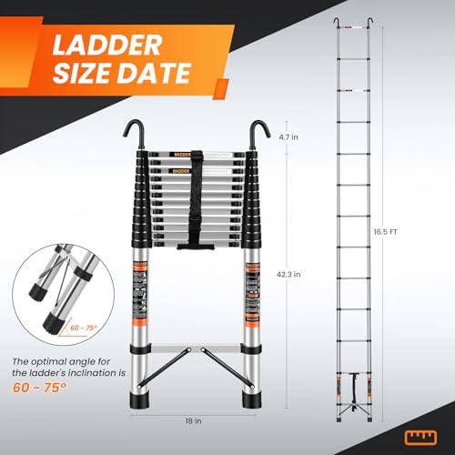 Telescoping Ladder, 16.5 FT Extension Ladder w/Hooks, Heavy Duty 330lbs Max Capacity, Collapsible Telescopic Ladder for Rv, Roof, Outdoor by PEAYLI - Image 2