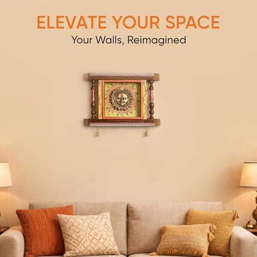 Image of Divya-II Wall decor frame with beautiful Brass Sculpture of Surya Dev | Handcrafted Wall Art for Home Decor & Office Spaces