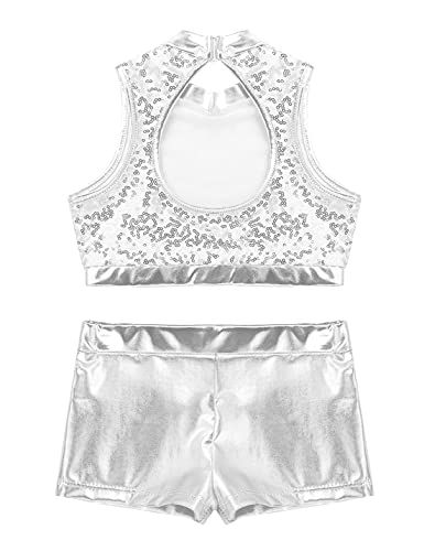 Moily Kids Girls Metallic Two Pieces Dance Outfit Racer Back Sports Bra with Gymnastics Bottoms3