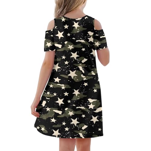 Girl's Cold Shoulder Dress Short Sleeve Crewneck A-Line Swing Skater Dress Summer Casual Sundress with Pockets2