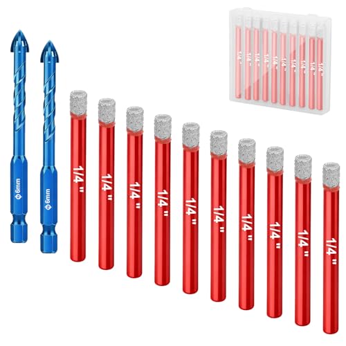 SUNJOYCO 12 PCS Dry Diamond Drill Bits Set, Diamond Tip Drilling Bits, 1/4 Inch Tile Drill Bits for...