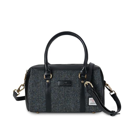 Islander Bolsa esportiva média Harris Tweed e couro de microfibra, Espinha de peixe preta e cinza, Clássico