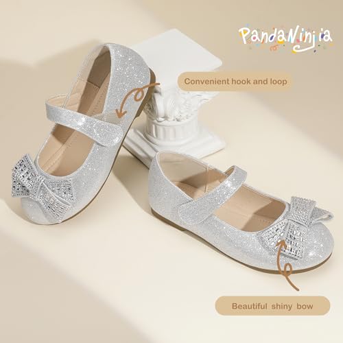 PANDANINJIA Toddler Girls Dress Shoes Mary Jane Little Kids Ballet Flats Rhinestone Bow Wedding Party Shoes3