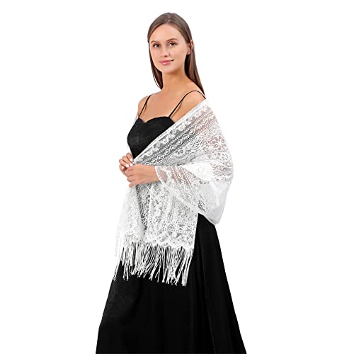 Women's Floral Lace Scarf Tassels Shawl, Soft Mesh Fringe Wraps for Wedding Evening Party Dresse(DDNPJ2)2