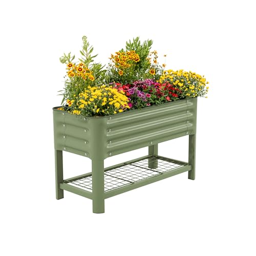 Elevated Raised Garden Bed for Kids, 16'(W) x 36' (L) x 22'(H) Outdoor Planters Box with Legs & Storage Rack, Solid & Safe Raised Beds for Gardening Herbs Vegetables Flowers, Olive Green