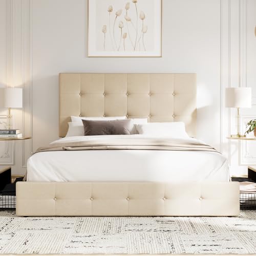 Allewie Upholstered Full Size Platform Bed Frame with 4 Storage Drawers and Headboard, Square Stitched Button Tufted, Mattress Foundation with Wooden Slats Support, No Box Spring Needed, Beige
