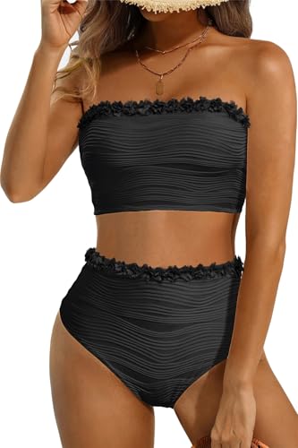 Image of High Waisted Bandeau Bikini Set - Women Strapless Two Piece Swimsuits Ribbed Longline Full Coverage Bathing Suits Swimwear