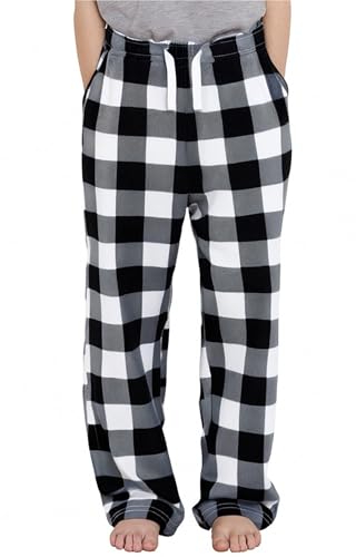 PATPAT Kids Plaid Pajama Pants - Boys and Girls Long Sleep Soft Elastic Waist Lounge Bottoms with Pockets Black/White Buffalo Plaid Size 13-14 Years