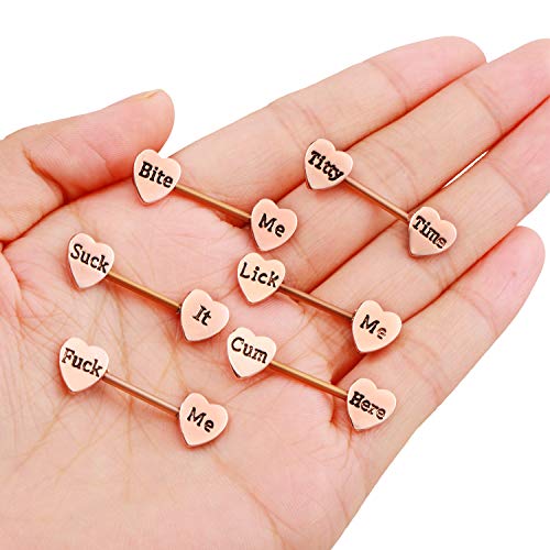 6 Pairs Heart Shaped Nipple Tongue Rings 14G Stainless Steel Nipple Barbell Rings Body Piercing Jewelries For Women (Rose Gold) #TOP3