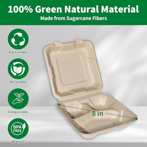 Aricsen Compostable 50 Pack 8x8 Inch 3 Compartment Takeout Lunch Box Containers with Lid, To Go Take Out Clamshell for Food, Disposable Eco-Friendly Biodegradable Bagasse, PFAS-Free, Unbleached Brown - Thumbnail 6