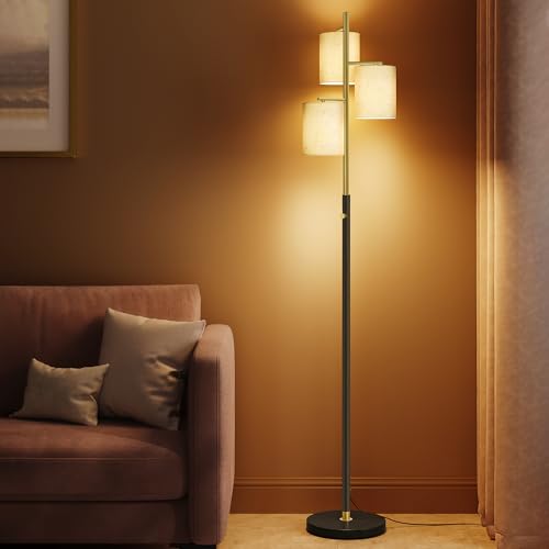 VASAGLE Lampadaire sur Pied Salon, Lampe sur Pied, avec 3 Ampoules, Intensité Réglable, Abat-Jour en Tissu, Style Moderne, 3 Douilles E27, Doré et Noir LFL003B02