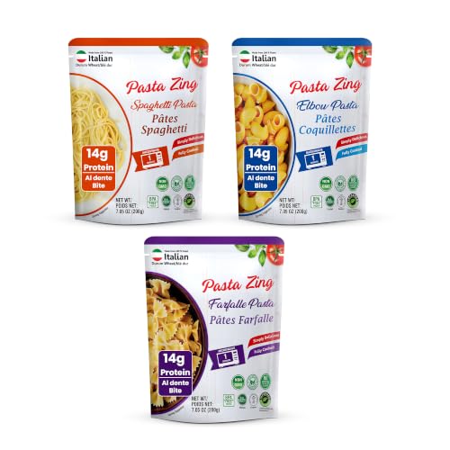 Pasta Zing Variety Pack, 7 Pack (200g Each) – 3 Spaghetti, 2 Farfalle &amp; 2 Elbow Pasta – Fully Cooked Pasta Ready in 1 Minute – Italian Durum Wheat – Shelf Stable Meal Base