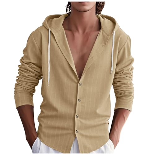 Mens Striped Cotton Linen Shirt Button Down Lightweight T-Shirts with Hood Casual Loose Business Summer Beach Wedding