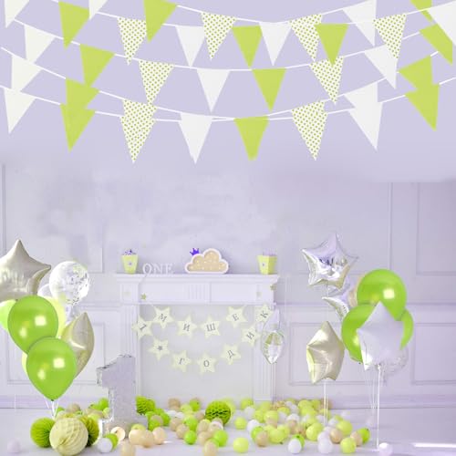 Image of Zwiebeco 39Ft Green White Dot Fabric Bunting Banner Triangle Flags Hanging Cotton Garland Pennant for Spring Birthday Wedding Baby Shower Tea Party Classroom Nursery Garden Decorations