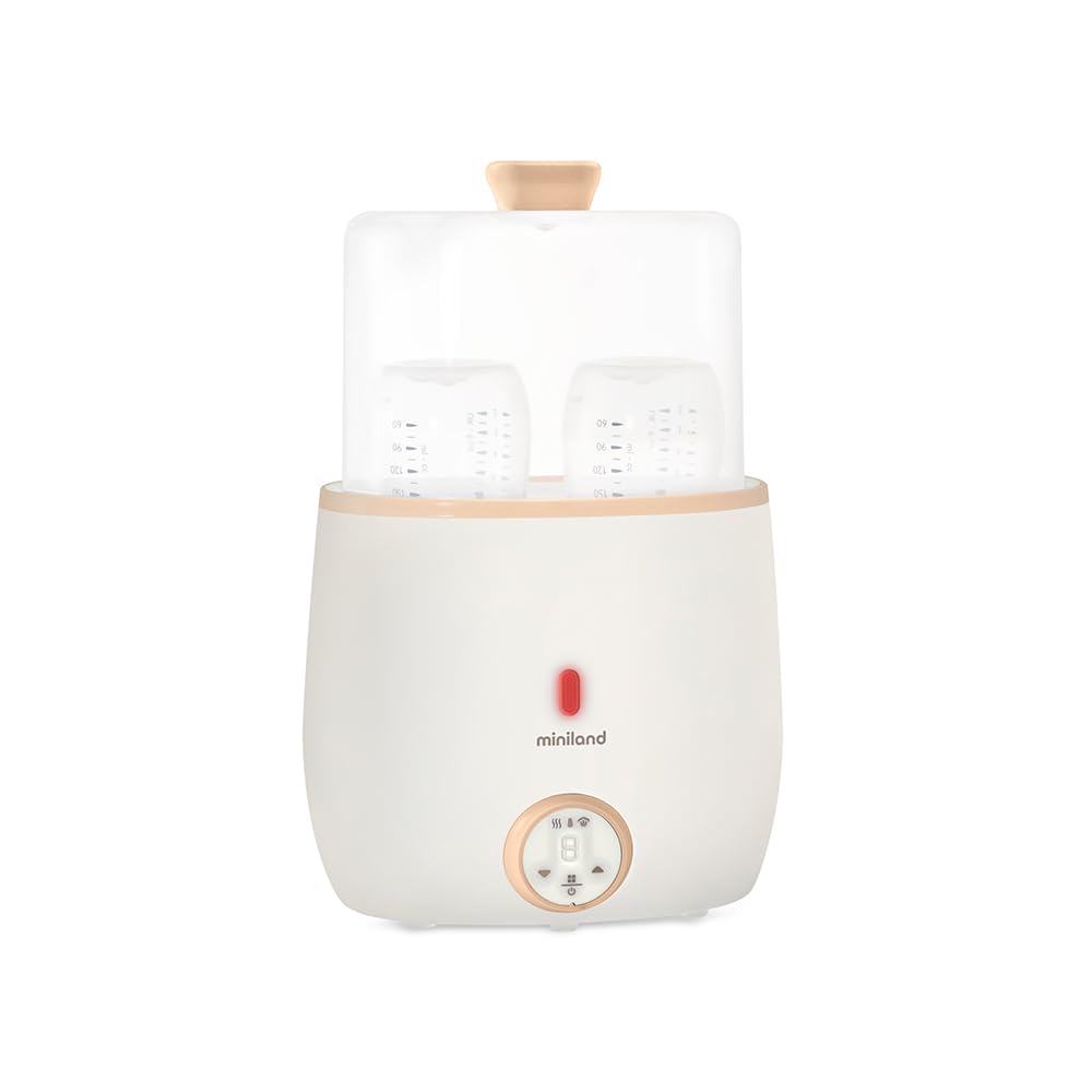 Miniland - Warmy Twin Calienta Biberones y Esterilizador, Calentador Rápido de Alimentos para Bebés 2-en-1, Calentador con Pantalla Digital Control Preciso Temperatura para Leche Materna (Beige)