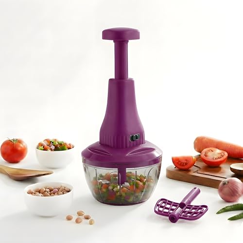 Image of Chopper for Kitchen Use | 650 ml Round Push Chopper with 3 Blades and Whisker | Chopping Vegetables & Fruits, Onion, Ginger, Garlic, Salad, Tomato, Potato (Purple)
