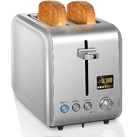 SEEDEEM Toaster 2 Slice, Stainless Steel Bread Toaster Color LCD Display, 7 Bread Shade Settings, 1.4'' Wide Slots Toaster Bagel/Defrost/Reheat Functions, Removable Crumb Tray, 900W, Silver Metallic Cover