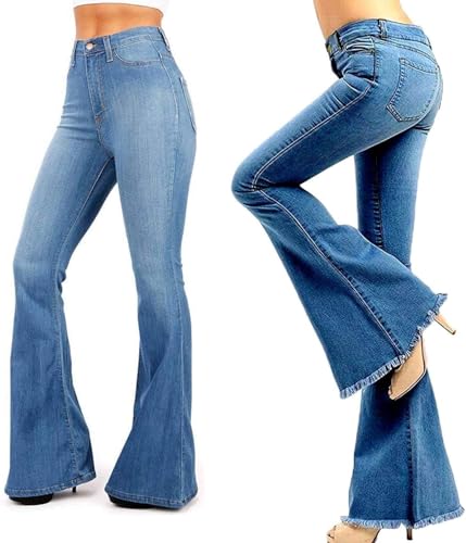 Jack David Womens Junior 70s Trendy Slim Fit Flared Bell Bottom Denim Jeans Pants (0, Blue N678HW)