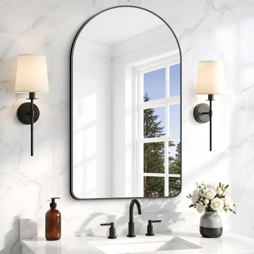 Image of BONEWEI Arched Wall Mirror,22x36 inch Black Arched Mirror Bathroom,Vanity Mirror for Over Sink Metal Frame,Tempered Glass Arch Mirrors for Bedroom,Entryway,Living Room,Home Decor Shatter-Proof