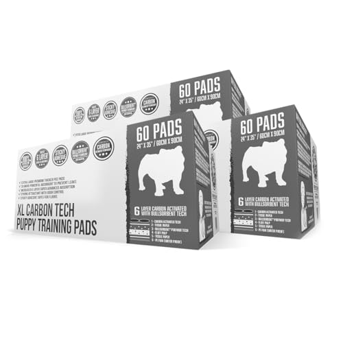 Image of Bulldogology Carbon Black XL Dog Pee Pads with Adhesive Sticky Tape Extra Large Charcoal Housebreaking Dog Training Wee Pads Leak Proof Absorbent 180 Count 24 inch x 35 inch