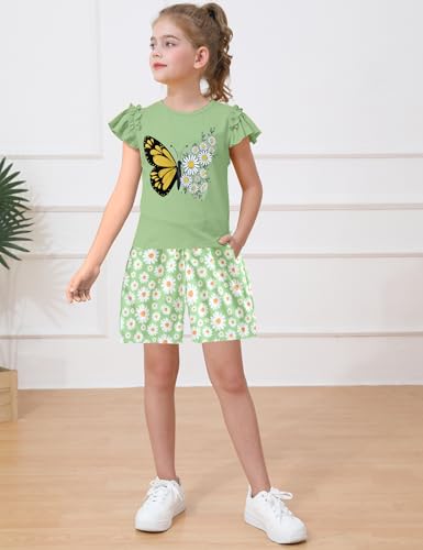 Image of mksodop Girls outfits 2-Piece ruffled short sleeve butterfly floral print high waist floral shorts girls summer clothes