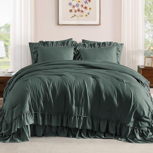 Image of Full Size Comforter Set Forest Green Ruffle 7 Pieces Farmhouse Bed in a Bag | Shabby Chic Fluffy All Season Bedding Sets with Sheets, Pillowcases & Shams