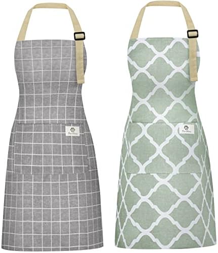 Riqiaqia 2 Pieces Aprons for Women with Pockets, Cotton Linen Waterproof Kitchen Cooking Aprons, Chef Apronfor Men Women with Adjustable Neck Strap and Long Ties(Grey/Green)